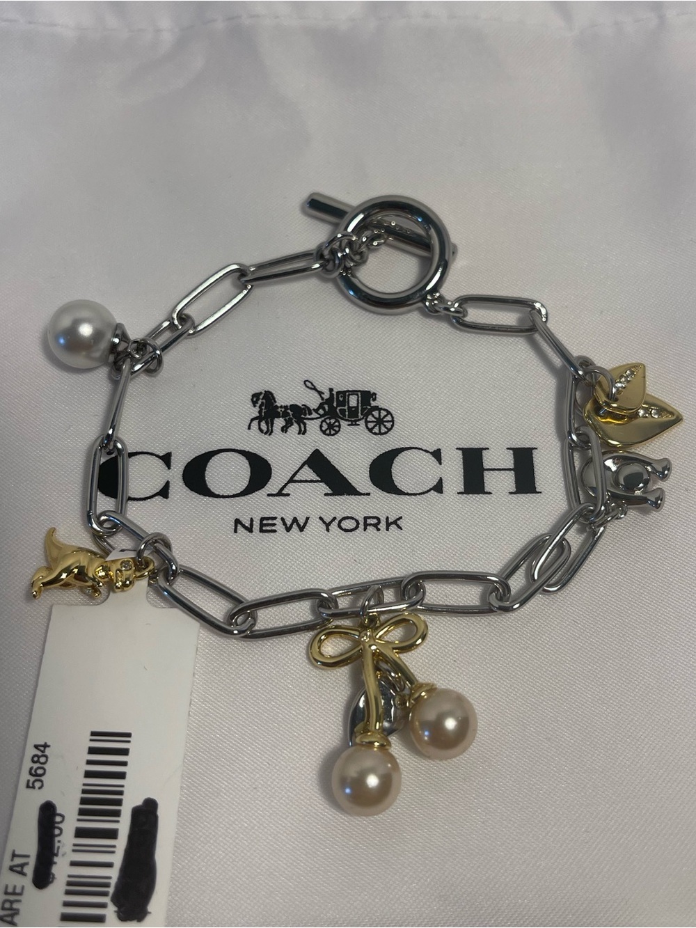 Coach Silver Kisslock Cherry Charm Bracelet w/ Dinosaur & Signature C - NWT**
